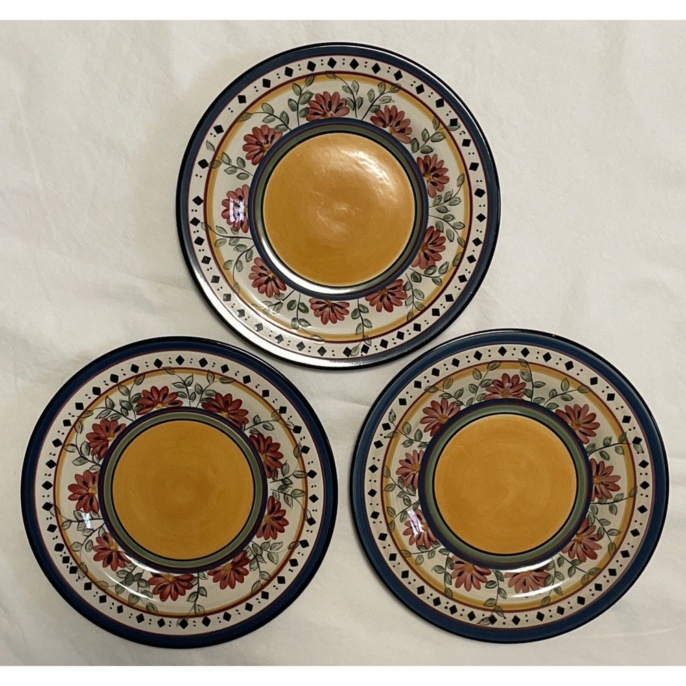 Vtg Pier 1 Alexandria Set of Three 9" Plates Hand Painted Earthenware Floral - Picture 2 of 7